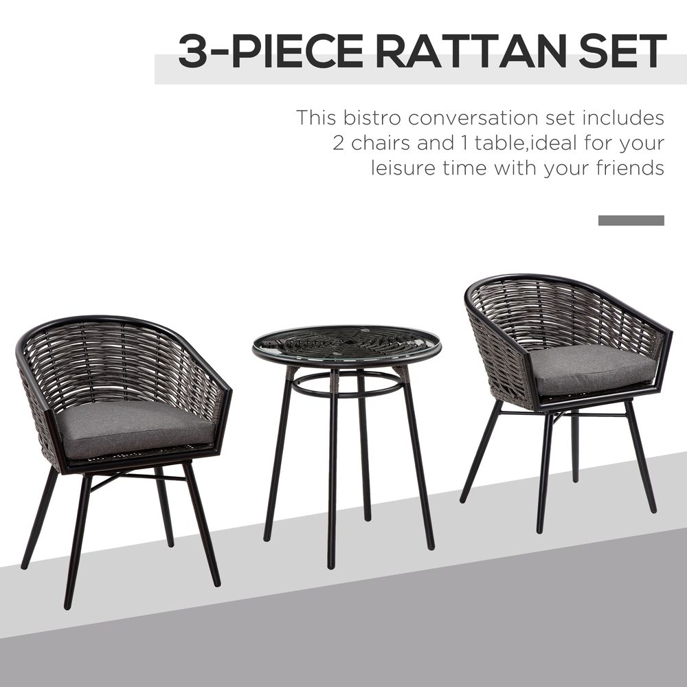 3Pc Rattan Bistro Set, Patio , w/ 2 Chairs & 1 Coffee Table , Grey S0671072369