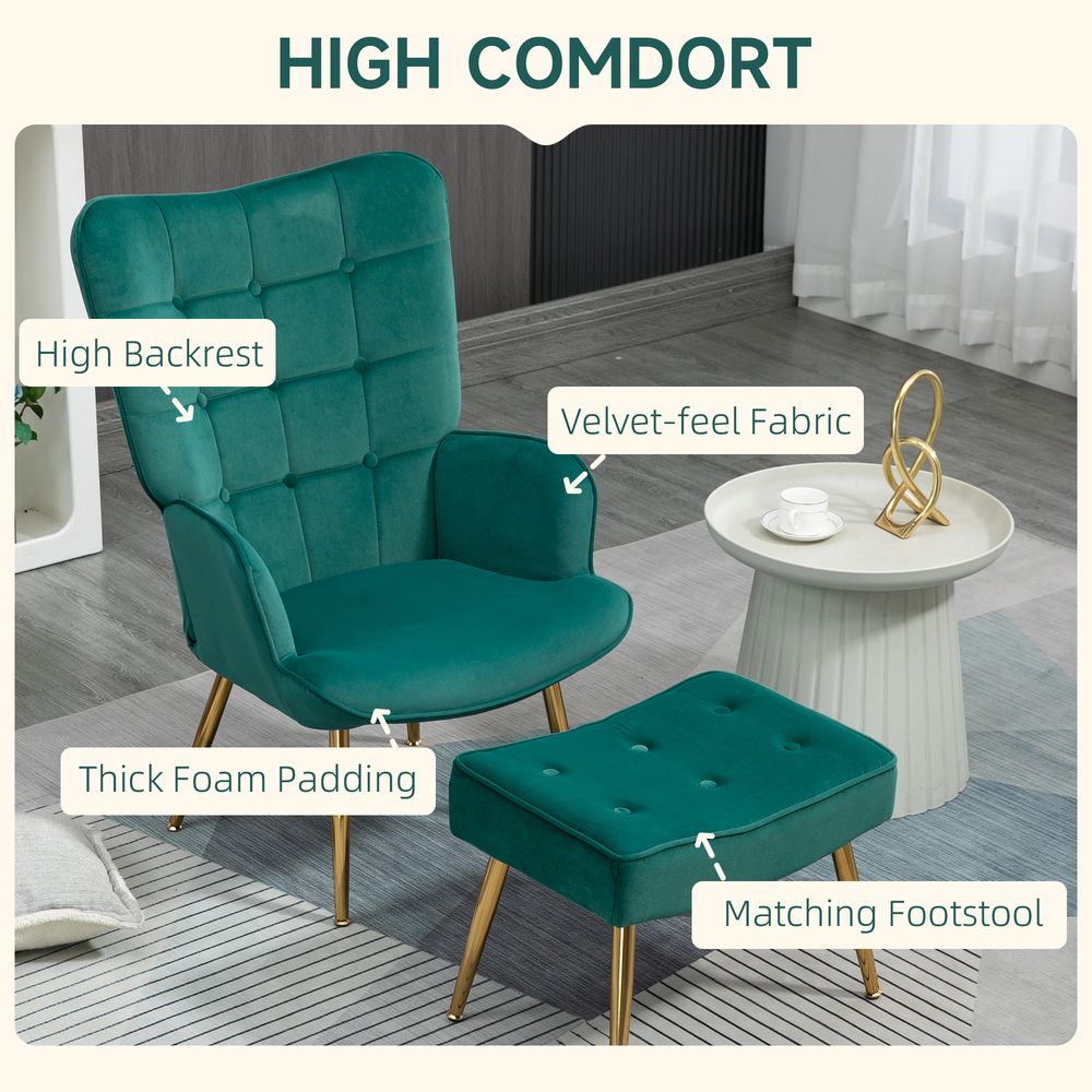 HOMCOM Button Tufted Armchair with Footstool and Gold Tone Steel Legs Dark Green S0671347097