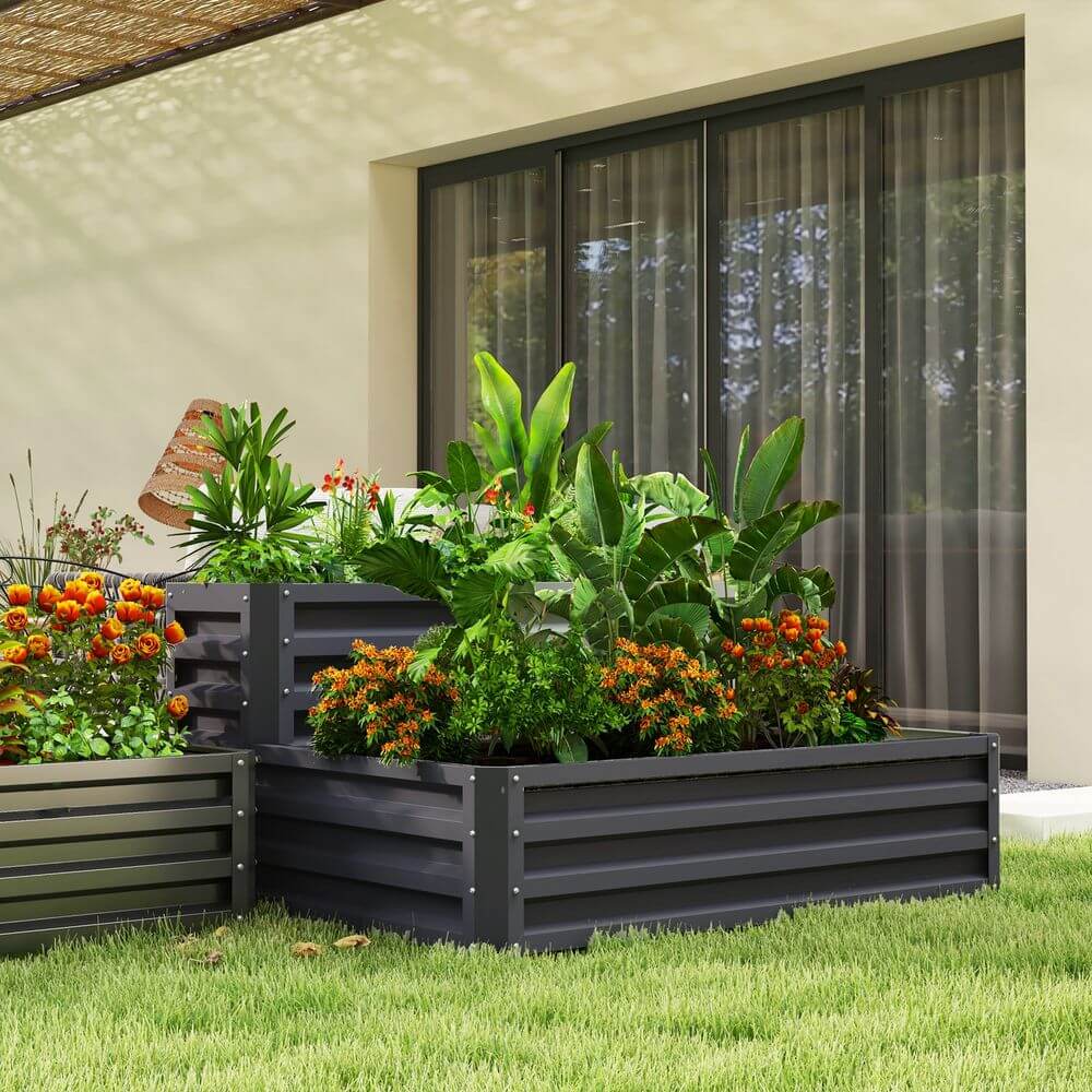 Outsunny 2 Tier Galvanised Raised Garden Bed Planter Box Open Bottom Dark Grey S0671391666