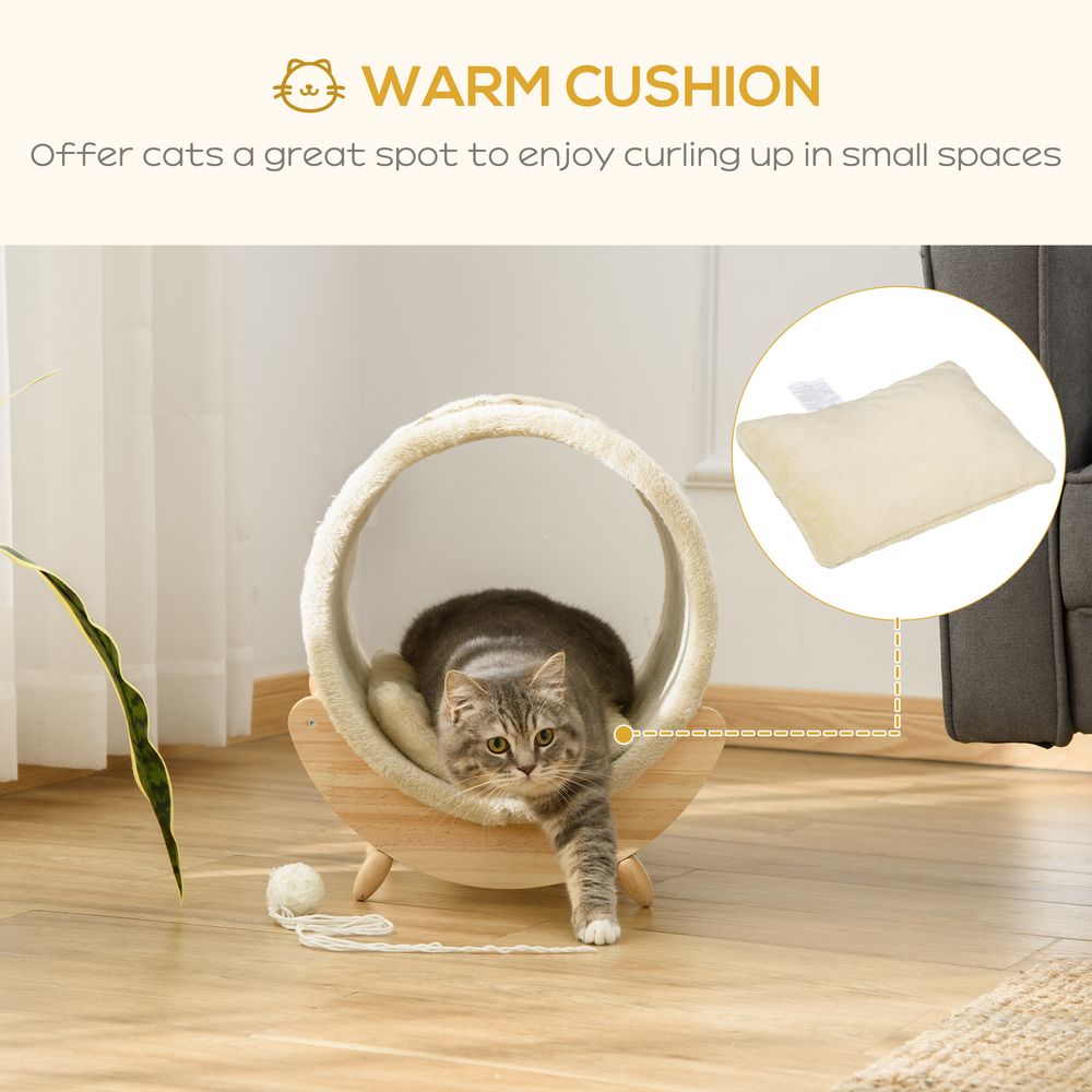 Elevated Cat House Kitten Bed Pet Shelter with Scratcher Cushion, Beige S0671070895