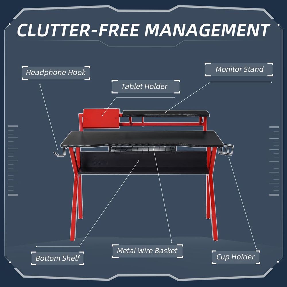 Gaming Desk Computer Table w/ Cup Holder Headphone Hook, Basket, Red S0671149175