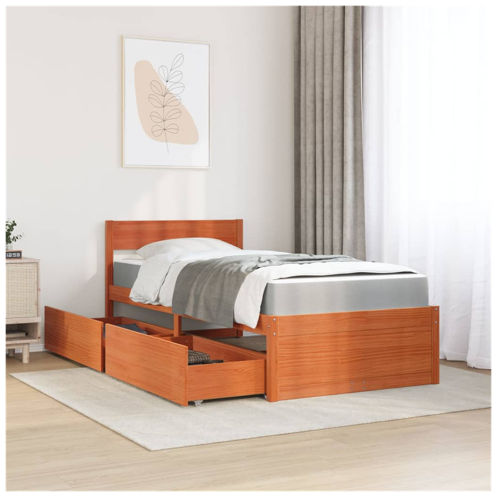 vidaXL Bed with Drawers and Mattress Wax Brown 90x190 cm Single Solid Wood Pine S0671489420