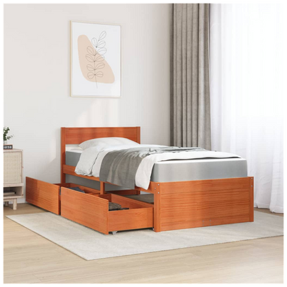 vidaXL Bed with Drawers and Mattress Wax Brown 90x190 cm Single Solid Wood Pine S0671489420