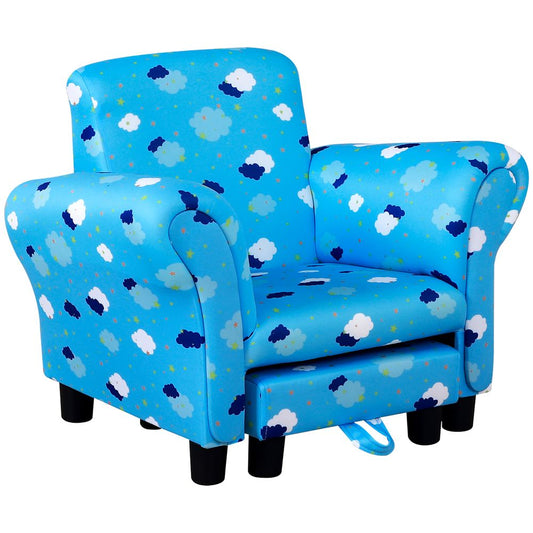 Cute Cloud Star Child Armchair Seat Wood Frame w/ Footrest Padding Blue S0671210993