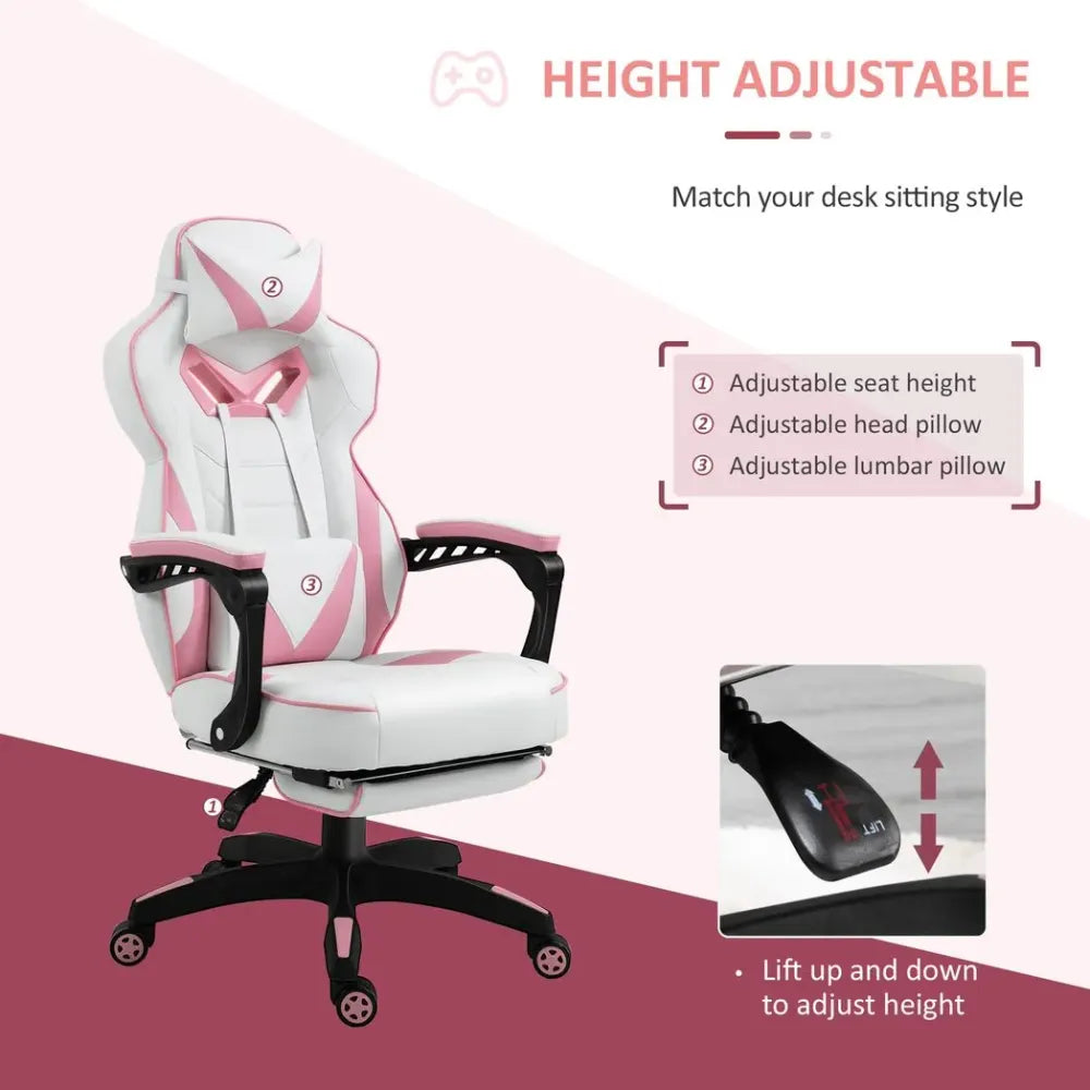 Gaming Chair Ergonomic Reclining w/ Manual Footrest Wheels Stylish Office Pink S0671102969