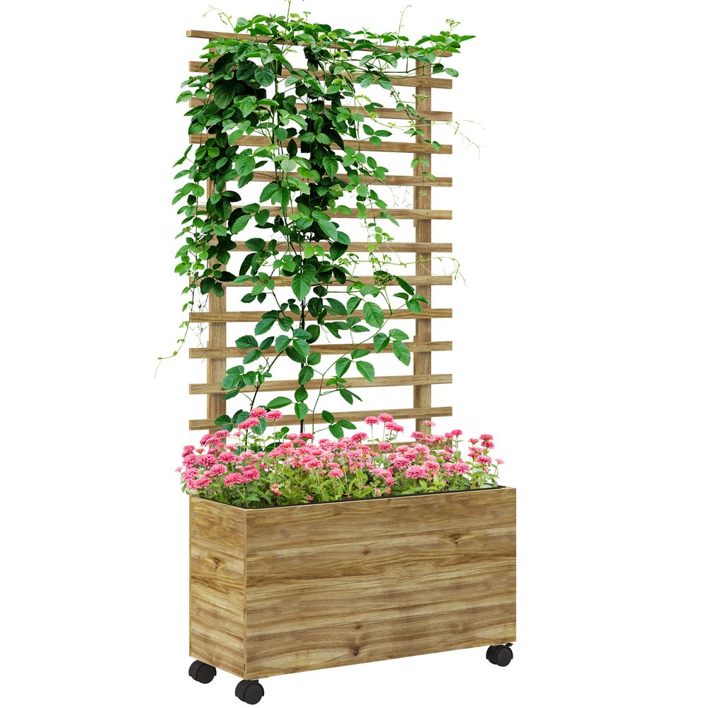 Outsunny Garden Wooden Trellis Planter Box Raised Bed w/ 4 Wheels, Natural S0671383585