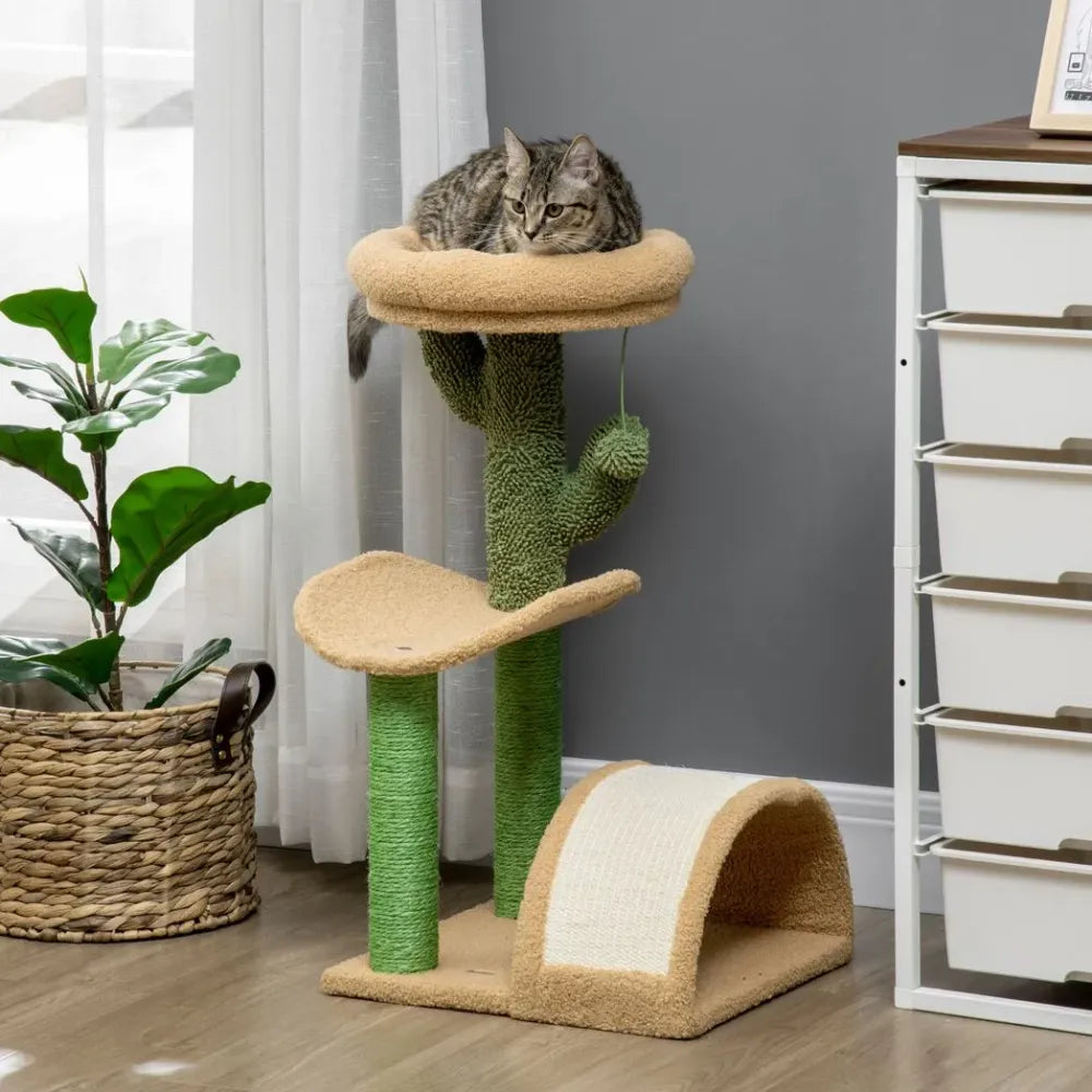 72cm Cat Tree w/ Bed, Toy Ball, Sisal Post, Curved Pad - Beige & Green S0671097110