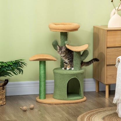 Multi-Lever Cat Tree with Scratching Post and Cat House Bed, Green Pawhut S0671081321