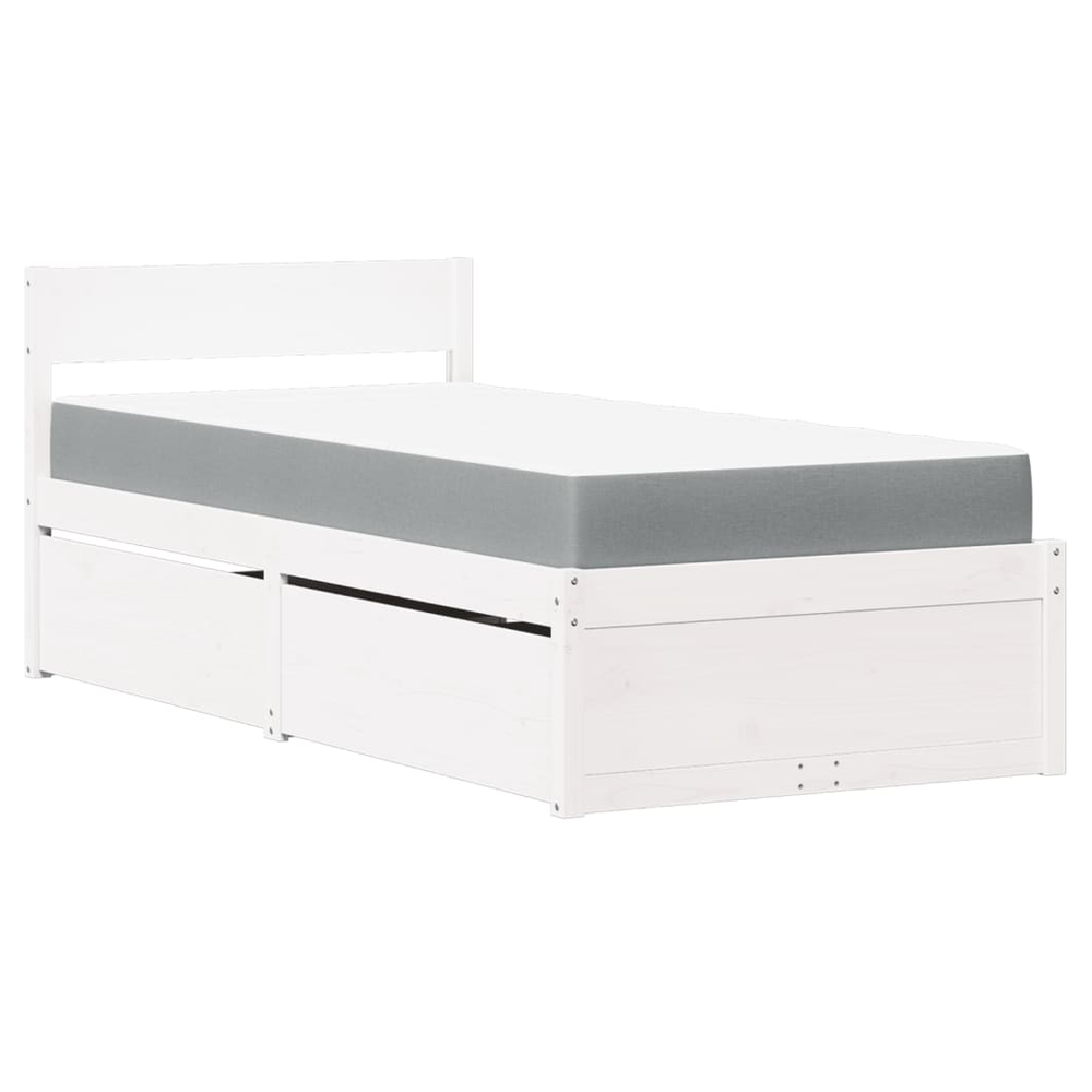 vidaXL Bed with Drawers and Mattress White 90x190 cm Single Solid Wood Pine S0671489374