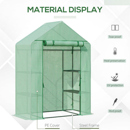 WalkIn Greenhouse 2 Tier Shelf, Roll-Up Door, PE Cover, 141x72x191cm, Green S0671071953