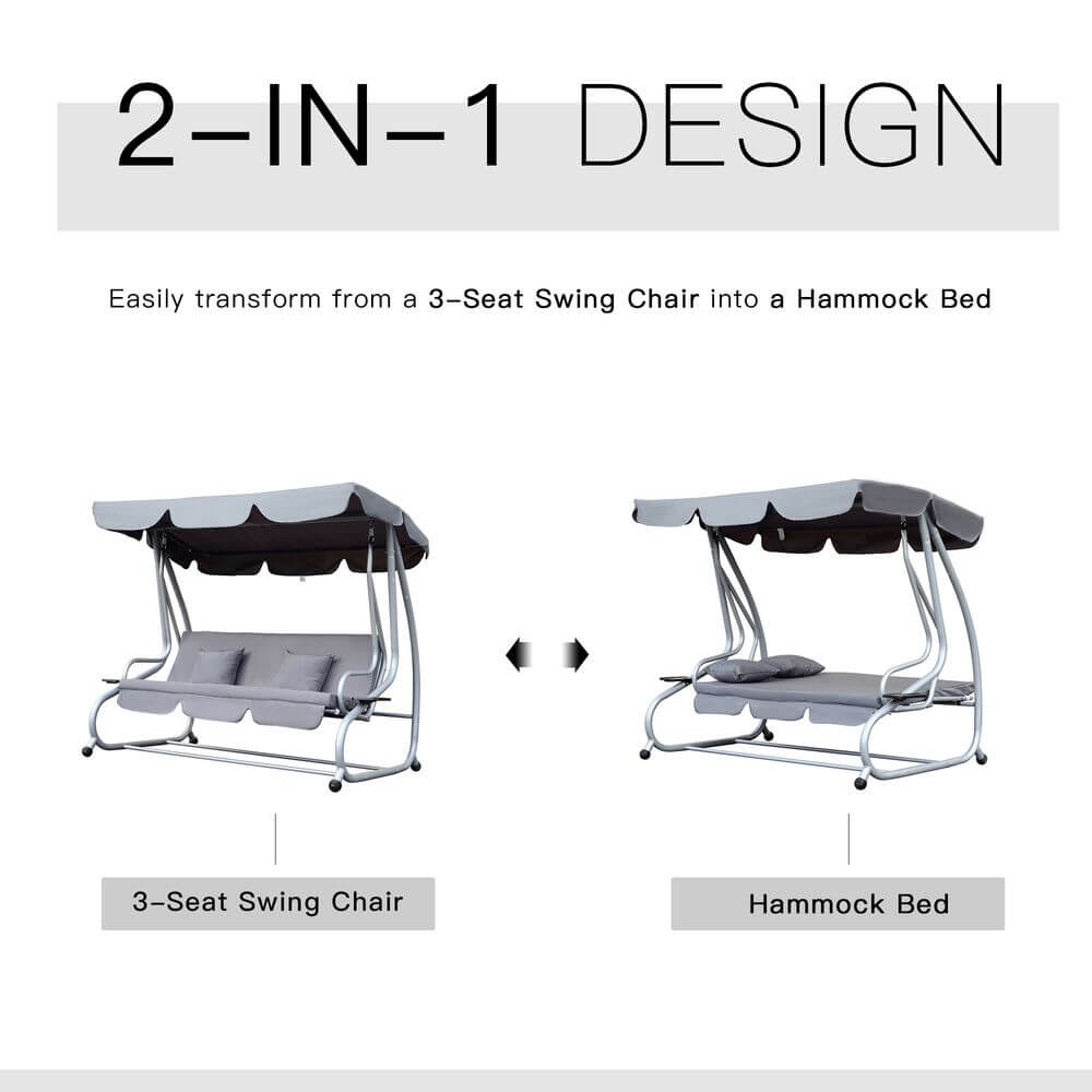 Outsunny 3-Seater Garden Hammock Swing Chair Bench Luxury W/2 Free Pillows-Grey S0671072023