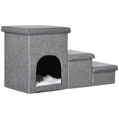 PawHut 3 Step Dog Steps for Bed w/ Cat House Storage Boxes for Sofa Grey S0671114533