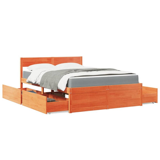 vidaXL Bed with Drawers and Mattress Wax Brown 140x190 cm Solid Wood Pine S0671489532