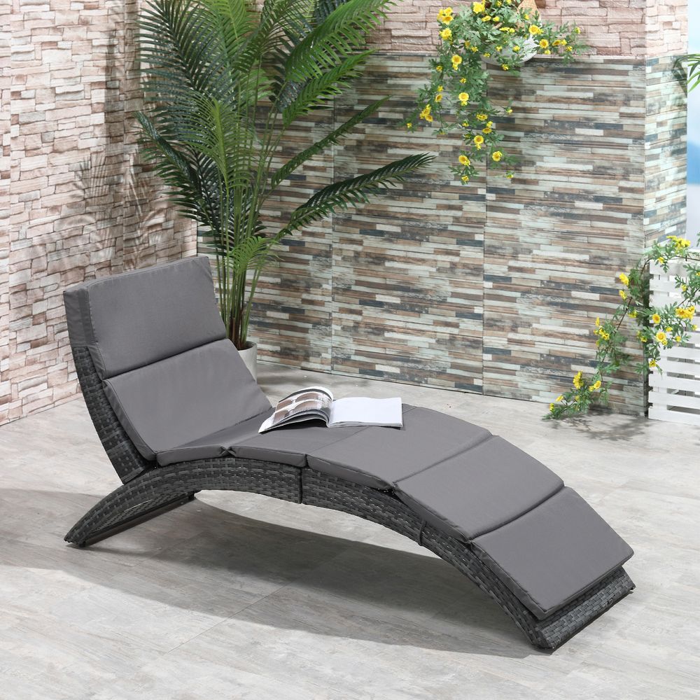 Garden Patio Rattan Wicker Folding Sun Lounger Cushion Grey S0671072382