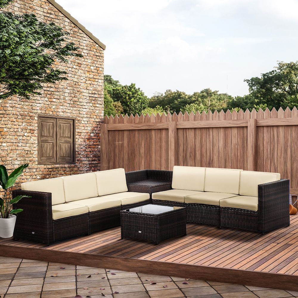 Outsunny 6-Seater Rattan Sofa Furniture Set W/Cushions, Steel Frame-Brown S0671072395