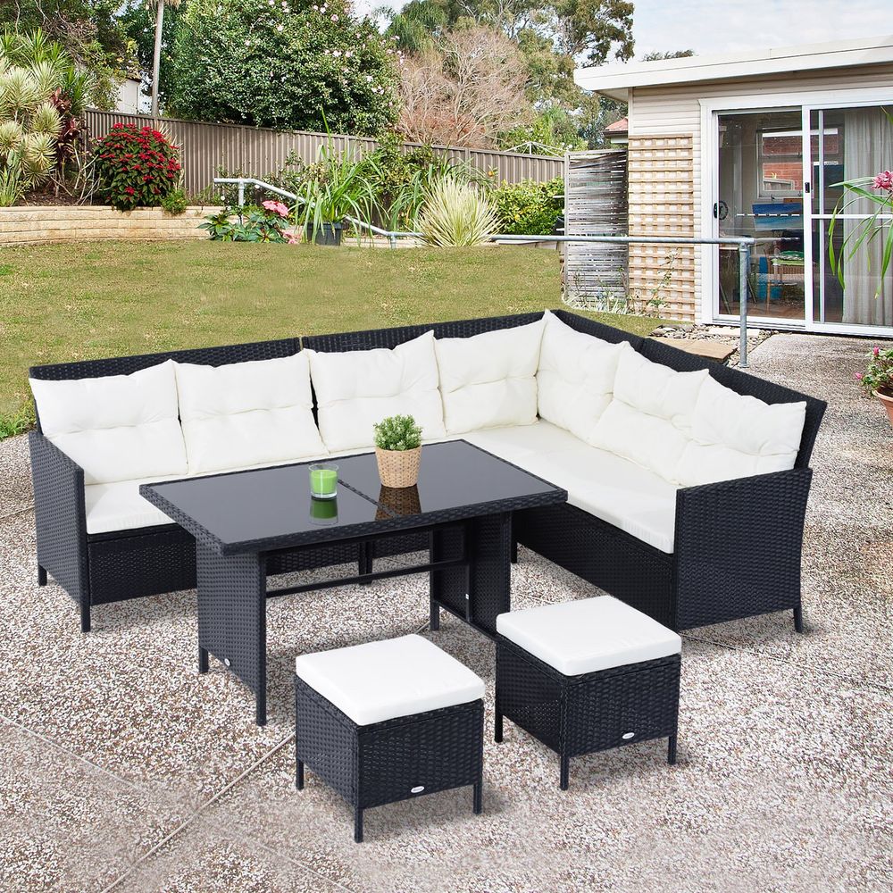 6PC Garden Rattan Corner Dining Sofa 7-seater Wicker Table Foot Stool V067942515