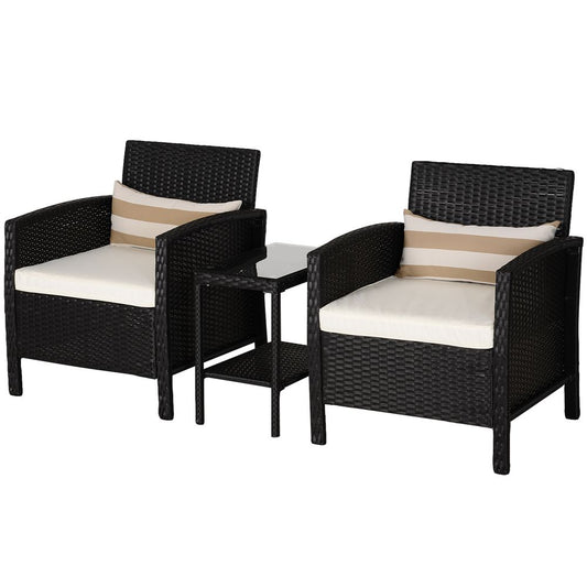 2-Seater PE Rattan Side Table & Armchair Bistro Set w/ Pillows Black S067941888