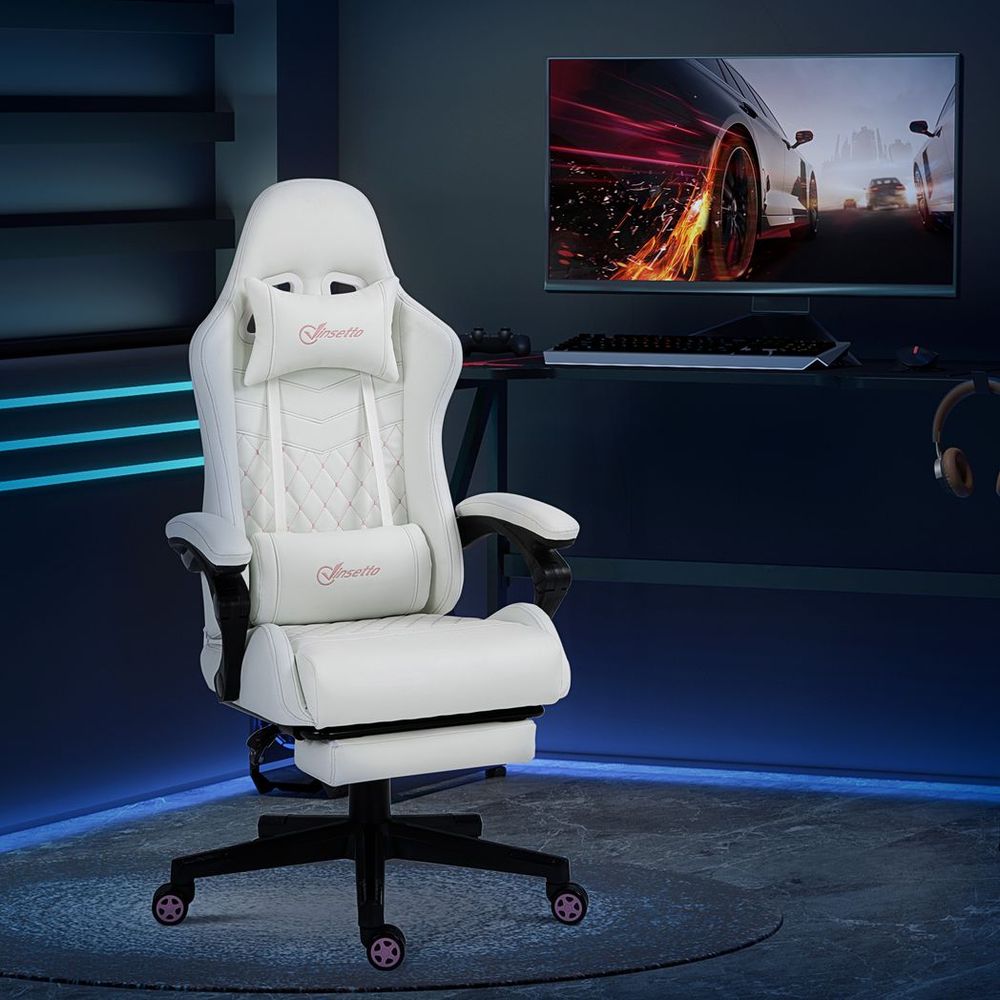 Racing Gaming Chair PU Leather Gamer Recliner Home Office, White S0671210942