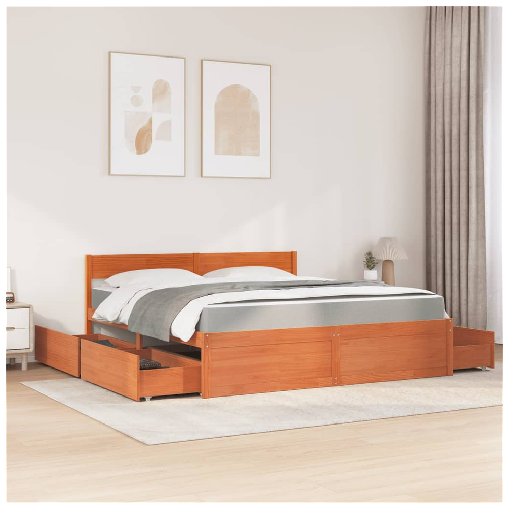 vidaXL Bed with Drawers and Mattress Wax Brown 180x200 cm Super King Solid Wood Pine S0671489413