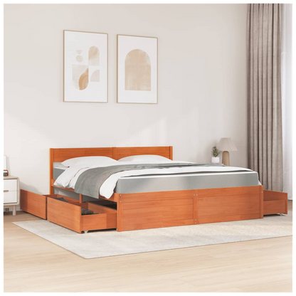 vidaXL Bed with Drawers and Mattress Wax Brown 180x200 cm Super King Solid Wood Pine S0671489413