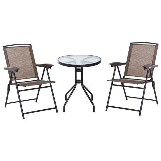 3 PCS Patio Furniture Bistro Set with Folding Chairs Tempered Glass Table Brown S0671096954