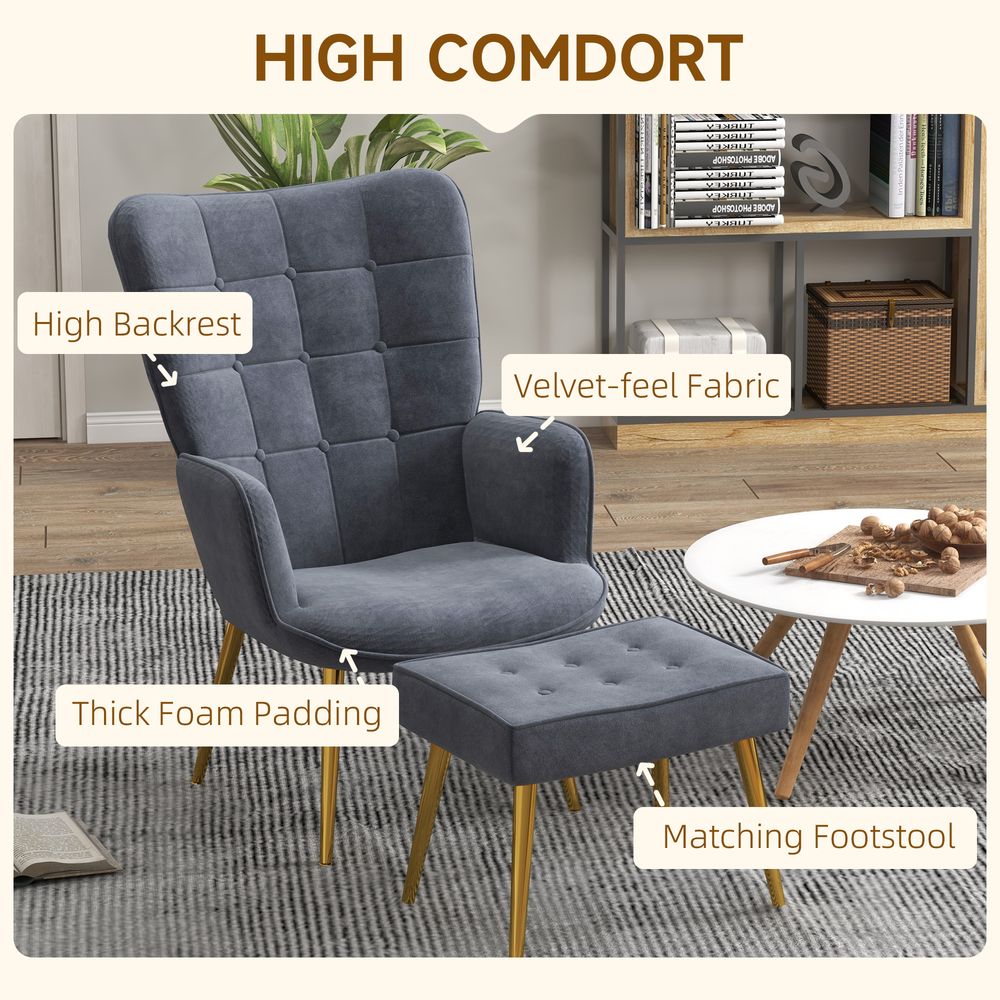 HOMCOM Button Tufted Armchair with Footstool and Gold Tone Steel Legs Dark Grey S0671347095