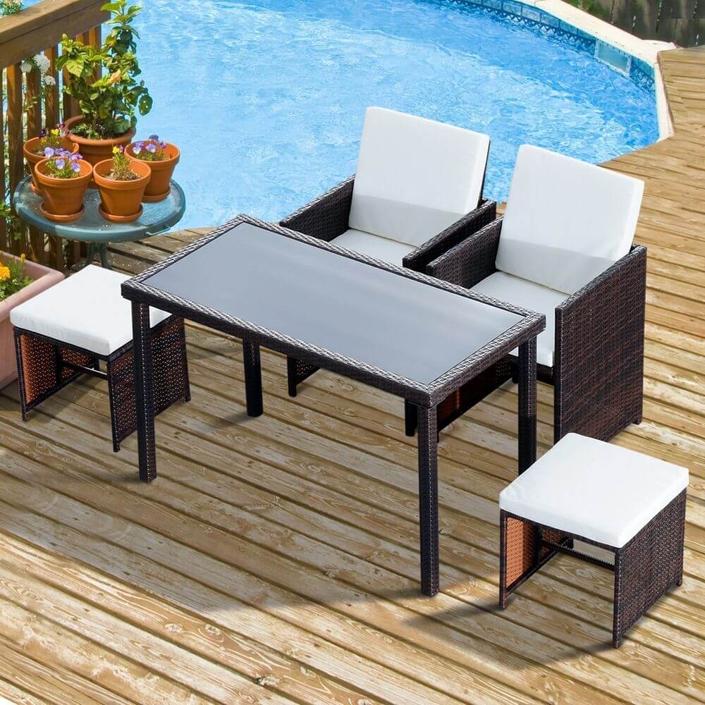 5 PCs Rattan Garden Furniture Wicker Weave Sofa Set Dining Table Chair Footrest V067942553