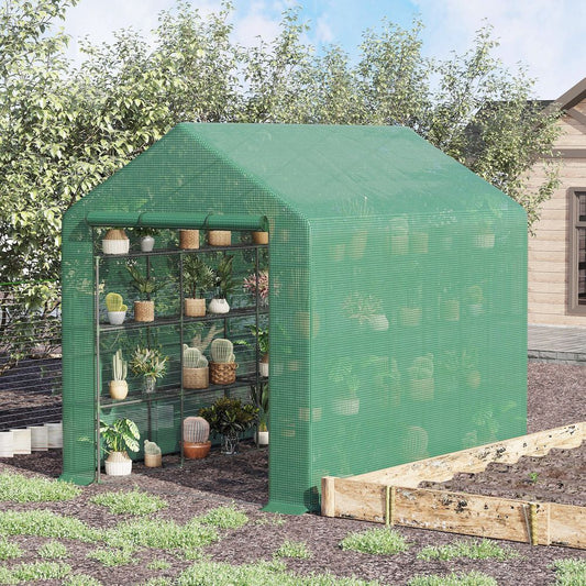 Poly Tunnel Steeple Walk in Greenhouse Removable Cover Shelves 244x180x210cm S067941698