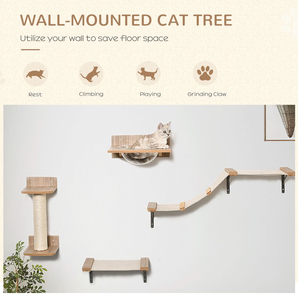 Cat Tree 4PCs Wall-mounted Shelf Set Climbing Tower W/ Hammock Scratching Post S0671070887