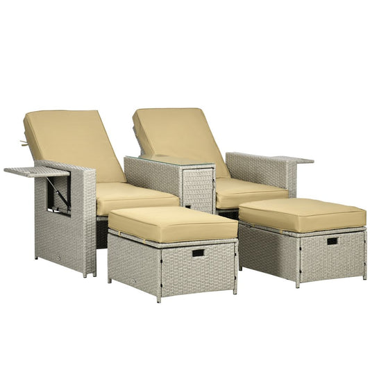 5-level Adjustable Rattan Sun Lounger w/ Storage Tea Table & Footstools, Beige S0671114905