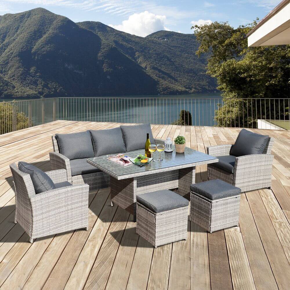 6Pcs Rattan Dining Set Sofa Table Footstool Outdoor w/ Cushion Garden Furniture S067941875