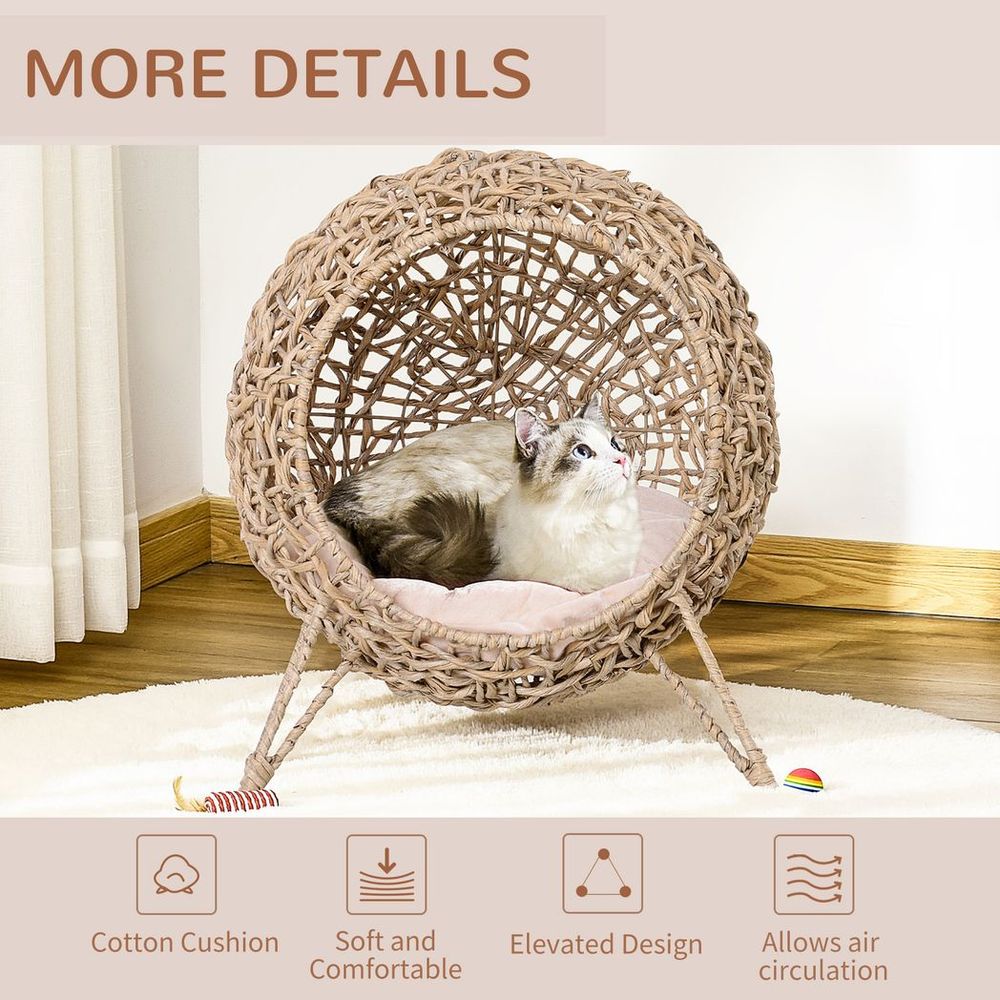 Wicker Cat House, Ball-Shaped Rattan Raised Cat Bed - Natural Wood Finish S0671148972