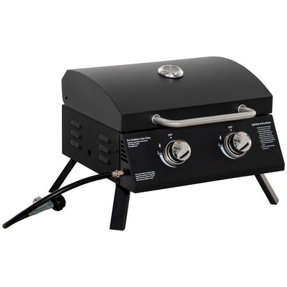 2 Burner Gas BBQ Grill Portable Folding Tabletop Barbecue Lid Thermometer Black S0671072014