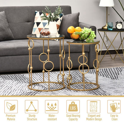 HOMCOM Set of 2 Gold Nesting Coffee Table, Side Tables W/ Tempered Glass Top S0671079648