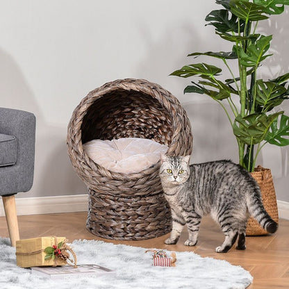 Wicker Cat House, Raised Cat Bed with Cylindrical Base, 42 x 33 x 52cm - Brown S0671347298