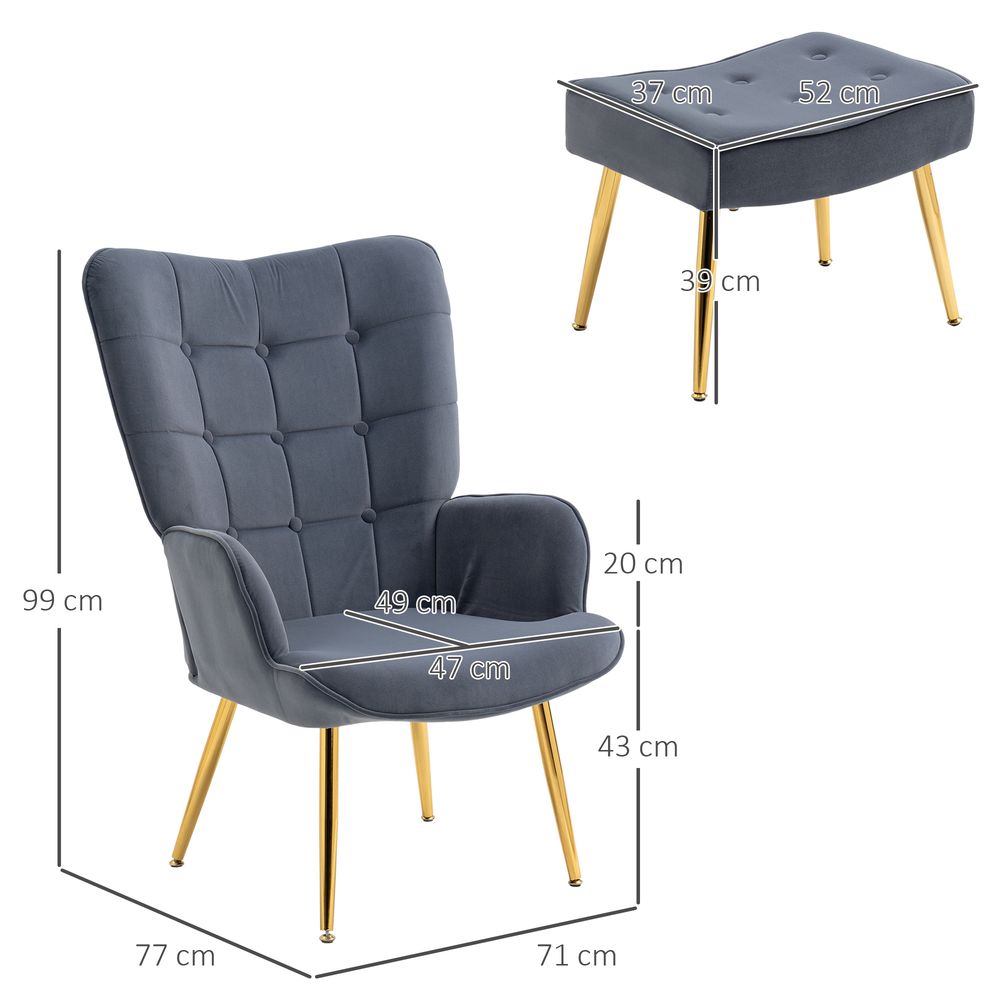 HOMCOM Button Tufted Armchair with Footstool and Gold Tone Steel Legs Dark Grey S0671347095