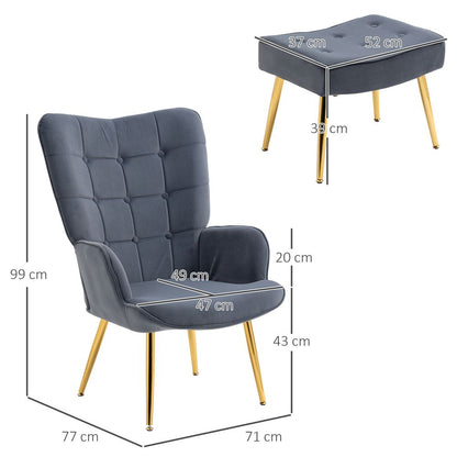 HOMCOM Button Tufted Armchair with Footstool and Gold Tone Steel Legs Dark Grey S0671347095