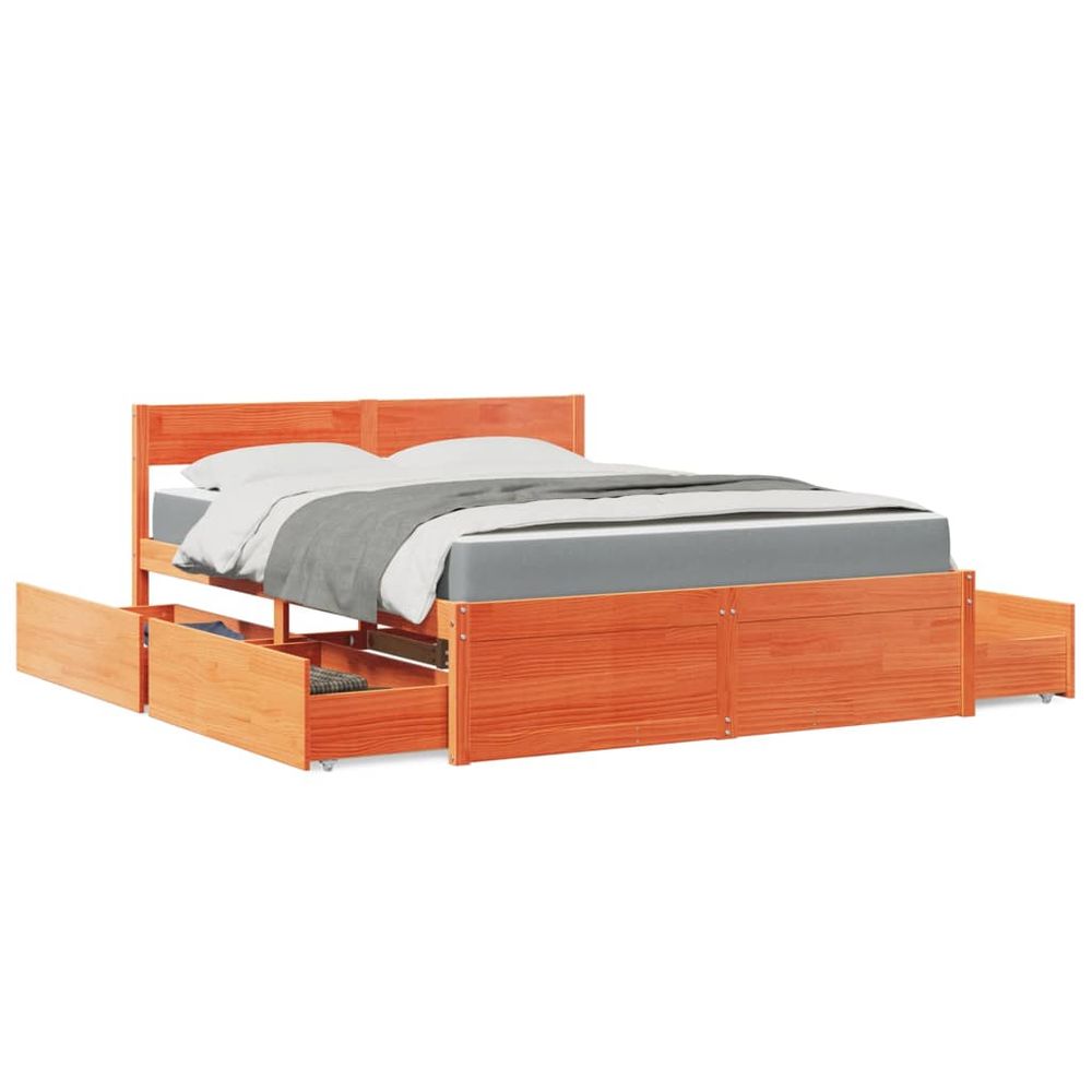 vidaXL Bed with Drawers and Mattress Wax Brown 140x200 cm Solid Wood Pine S0671489365