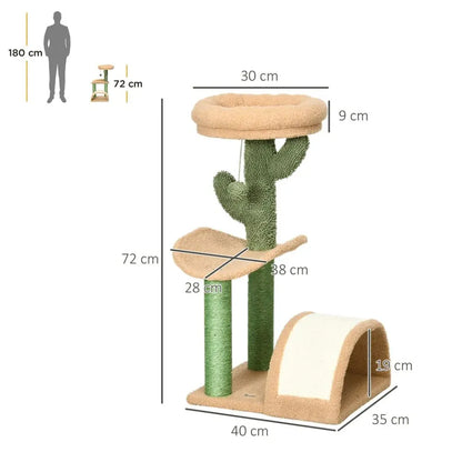 72cm Cat Tree w/ Bed, Toy Ball, Sisal Post, Curved Pad - Beige & Green S0671097110