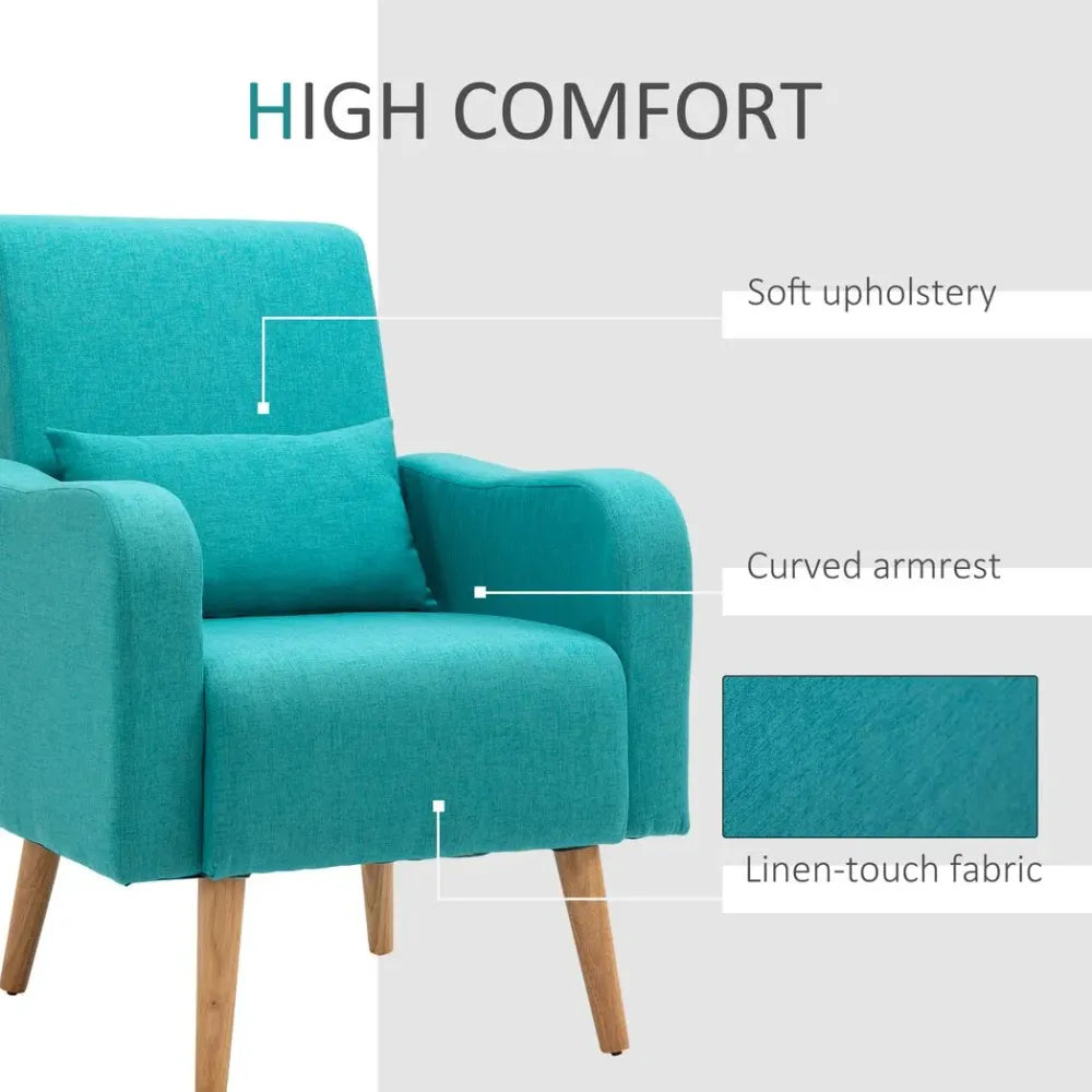 Nordic Armchair Linen-Touch Sofa Chair with Cushioned Pillow & Wood Legs Teal S0671097098