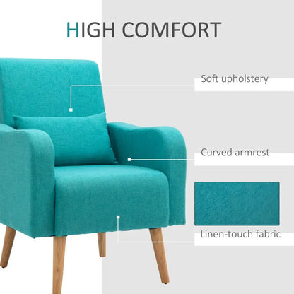 Nordic Armchair Linen-Touch Sofa Chair with Cushioned Pillow & Wood Legs Teal S0671097098