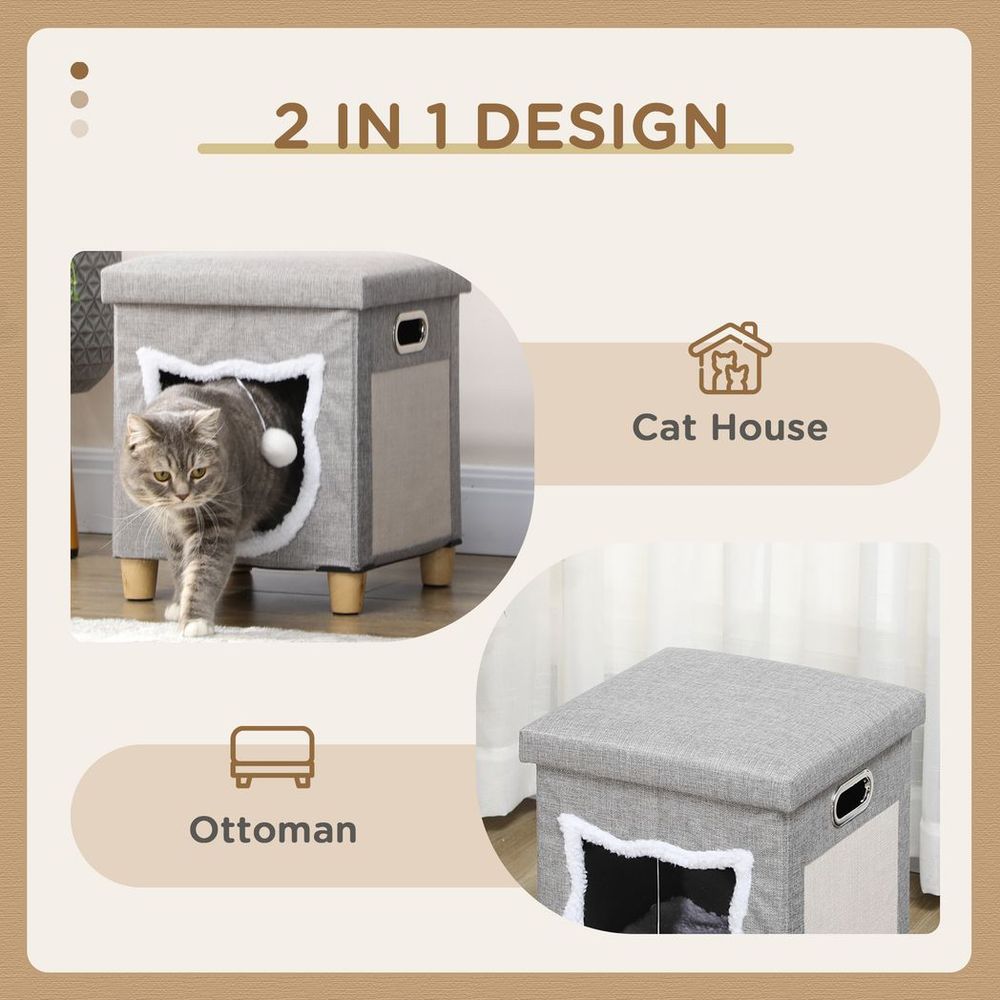 PawHut 2 in 1 Cat Bed Ottoman w/ Removable Cushion, Handles, Scratching Pad S0671129895