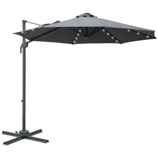 3(m) Cantilever Parasol Patio Umbrella w/ Crank Solar Lights Dark Grey S0671149218