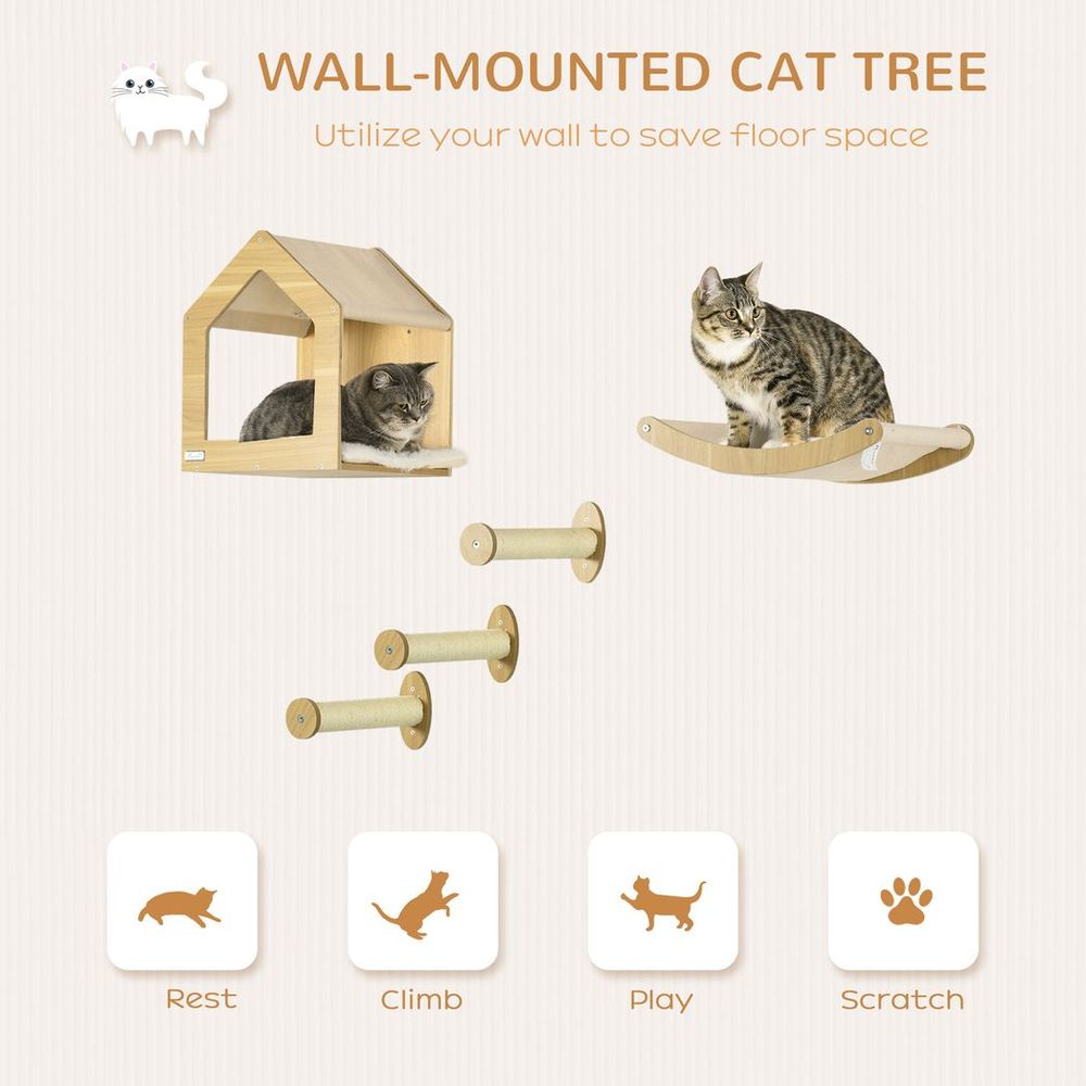 PawHut 5PCs Wall Mounted Cat Tree Cat Climbing Shelf Set Scratching Post, Oak S0671114539