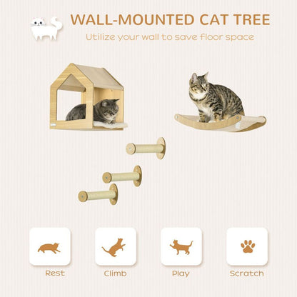 PawHut 5PCs Wall Mounted Cat Tree Cat Climbing Shelf Set Scratching Post, Oak S0671114539