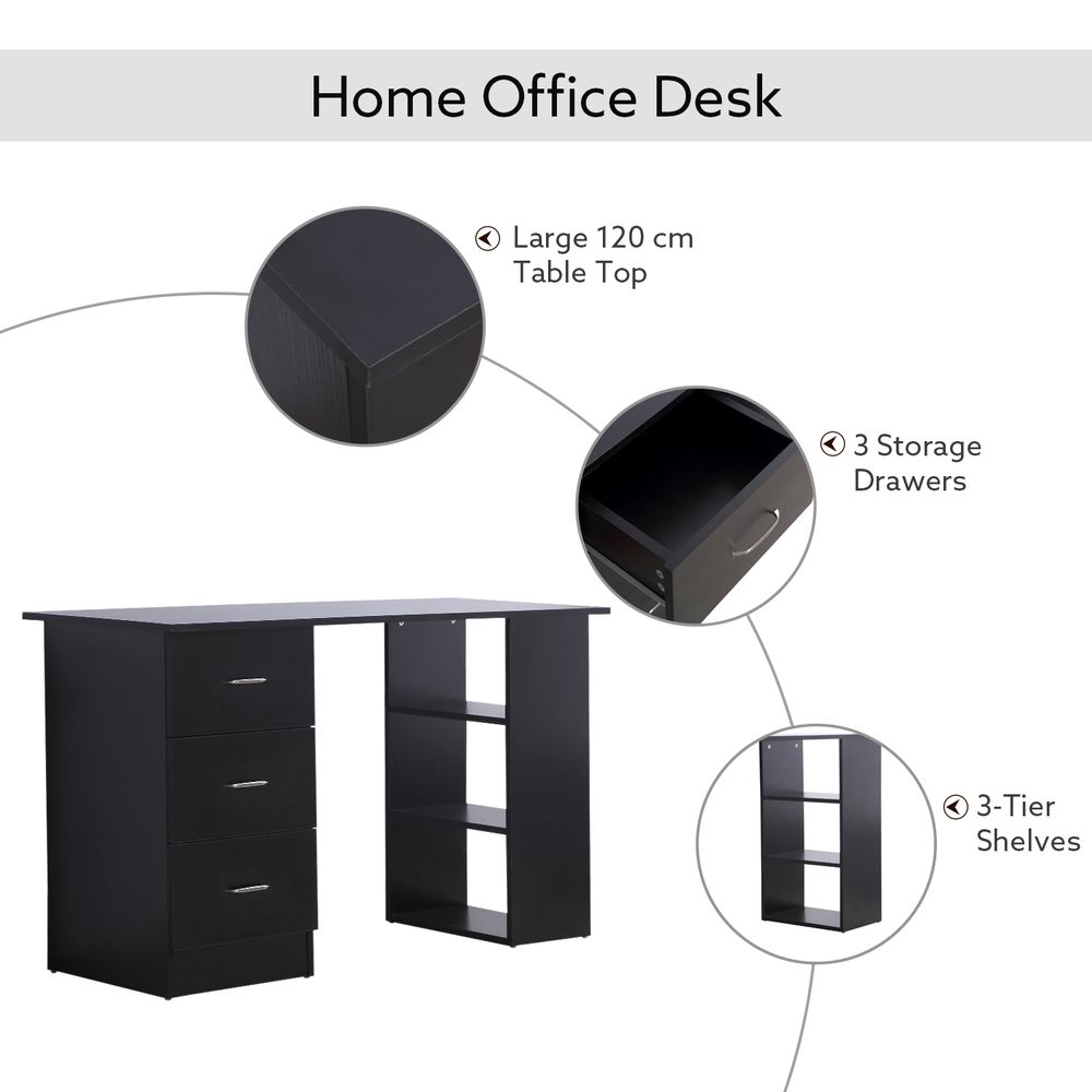 120cm Computer Desk PC Table Workstation w/ 3 Shelf & Drawers Black S0671079825