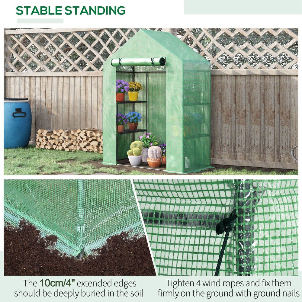 WalkIn Greenhouse 2 Tier Shelf, Roll-Up Door, PE Cover, 141x72x191cm, Green S0671071953