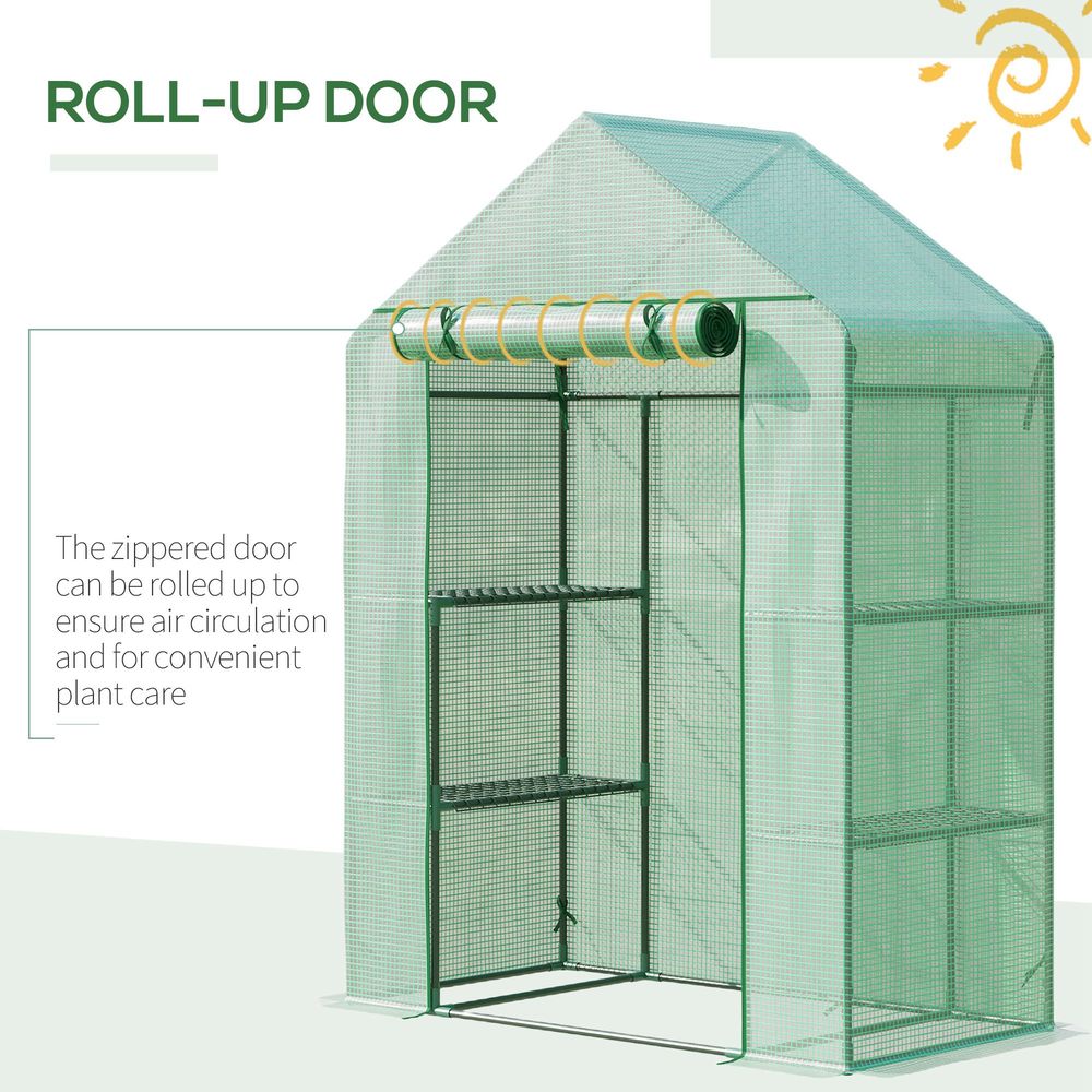 WalkIn Greenhouse 2 Tier Shelf, Roll-Up Door, PE Cover, 141x72x191cm, Green S0671071953