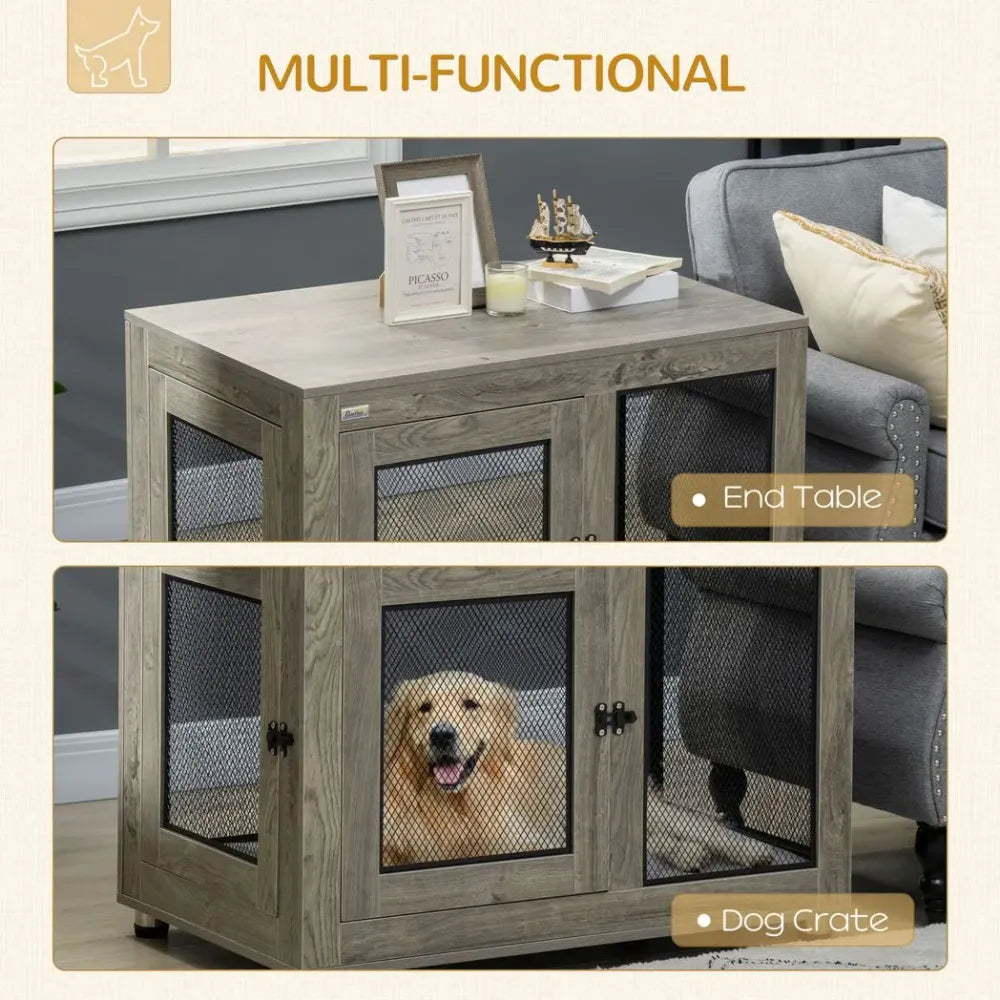 Dog Kennel Furniture End Table w/ Two Doors, Soft Cushion for Large Medium Dogs S0671097325