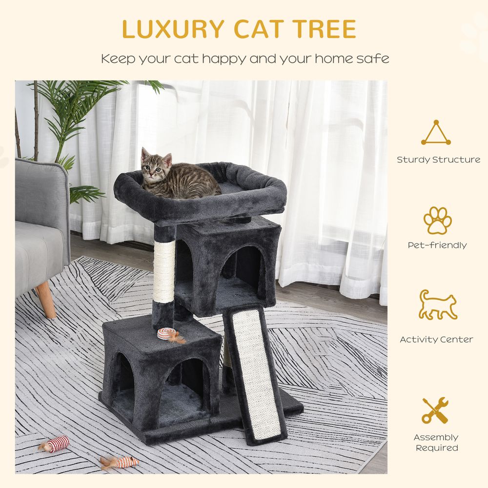 Cat Rest & Play Activity Tree w/ 2 House Perch Scratching Post Black Pawhut S0671081218